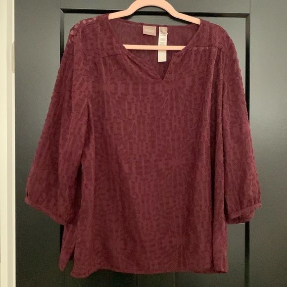Chicos Sheer Dark Burgundy V-Neck Blouse w/3D Detailing.3/4 Sleeves. Size 2=12 - Picture 2 of 12